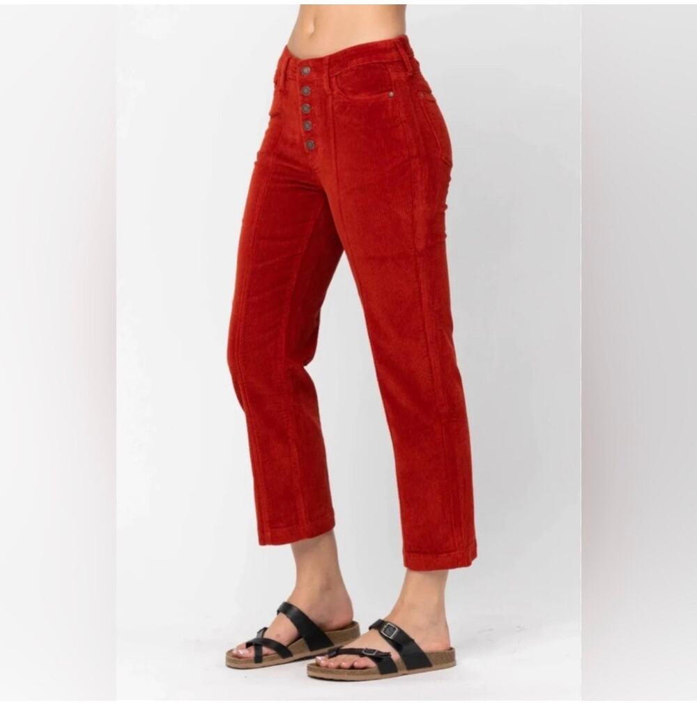 Judy Blue Jeans Women 28 Red Corduroy Ankle Straight Button Fly 5 Pocket Stretch